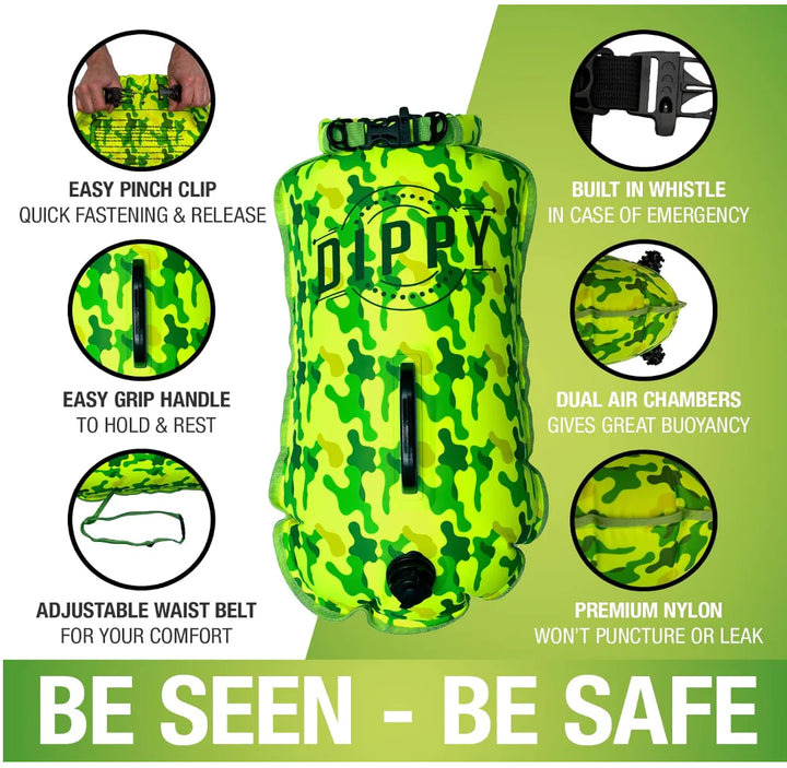 DIPPY 28 Litre Swim Dry Bag & Tow Float in Lime Green Camo