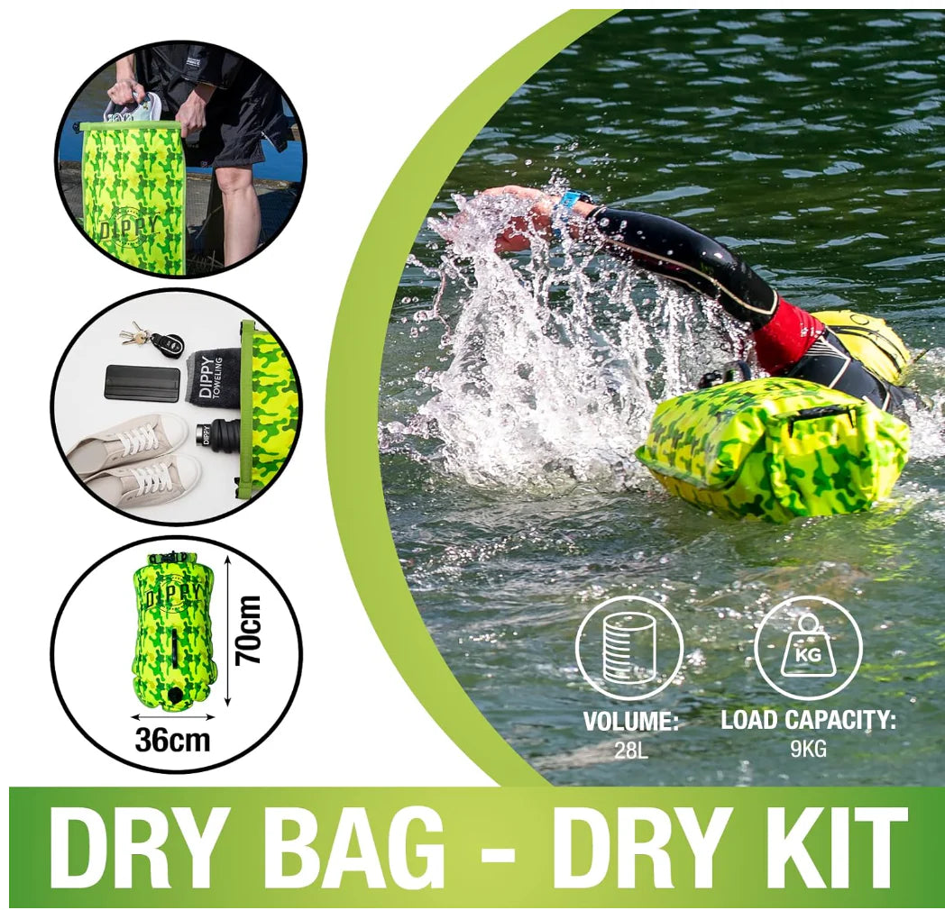DIPPY 28 Litre Swim Dry Bag & Tow Float in Lime Green Camo